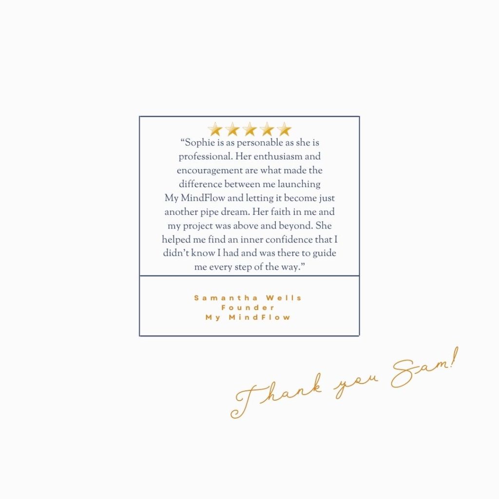 Graphic shows a 5 star review and testimonial from MyMindFlow to Sophie Seddon PR.