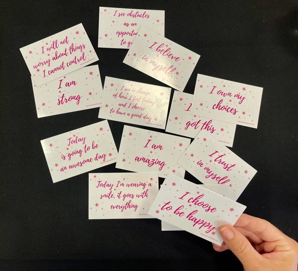 Positive affirmation cards from Huddersfield Giants Women in Business Conference.