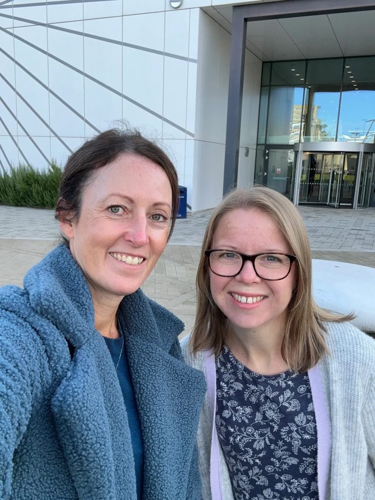 Selfie of Sophie Seddon, Sophie Seddon PR, and Katie Walden, Katie Walden Illustration, outside the Shape North creative conference at The Barbara Hepworth, Huddersfield University.