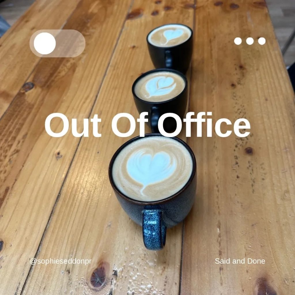 Three mugs of coffee lined up on a table at Sons of the North, Armitage Bridge, Huddersfield, West Yorkshire. The barista has created love heart prints.