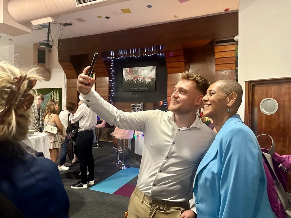 Sam Teale of Sam Teale Productions taking a selfie with Alison Lowe, OBE, the West Yorkshire Deputy Mayor for Policing and Crime at the premiere of the short film ‘Knives Claim Lives’.