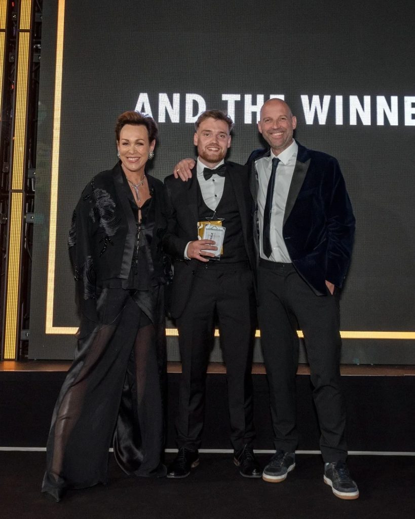 Sam Teale is pictured with journalist and broadcaster Christa Ackroyd and award sponsor Carl Pick, owner of PQS Services. Photo credit: Robling Photography.