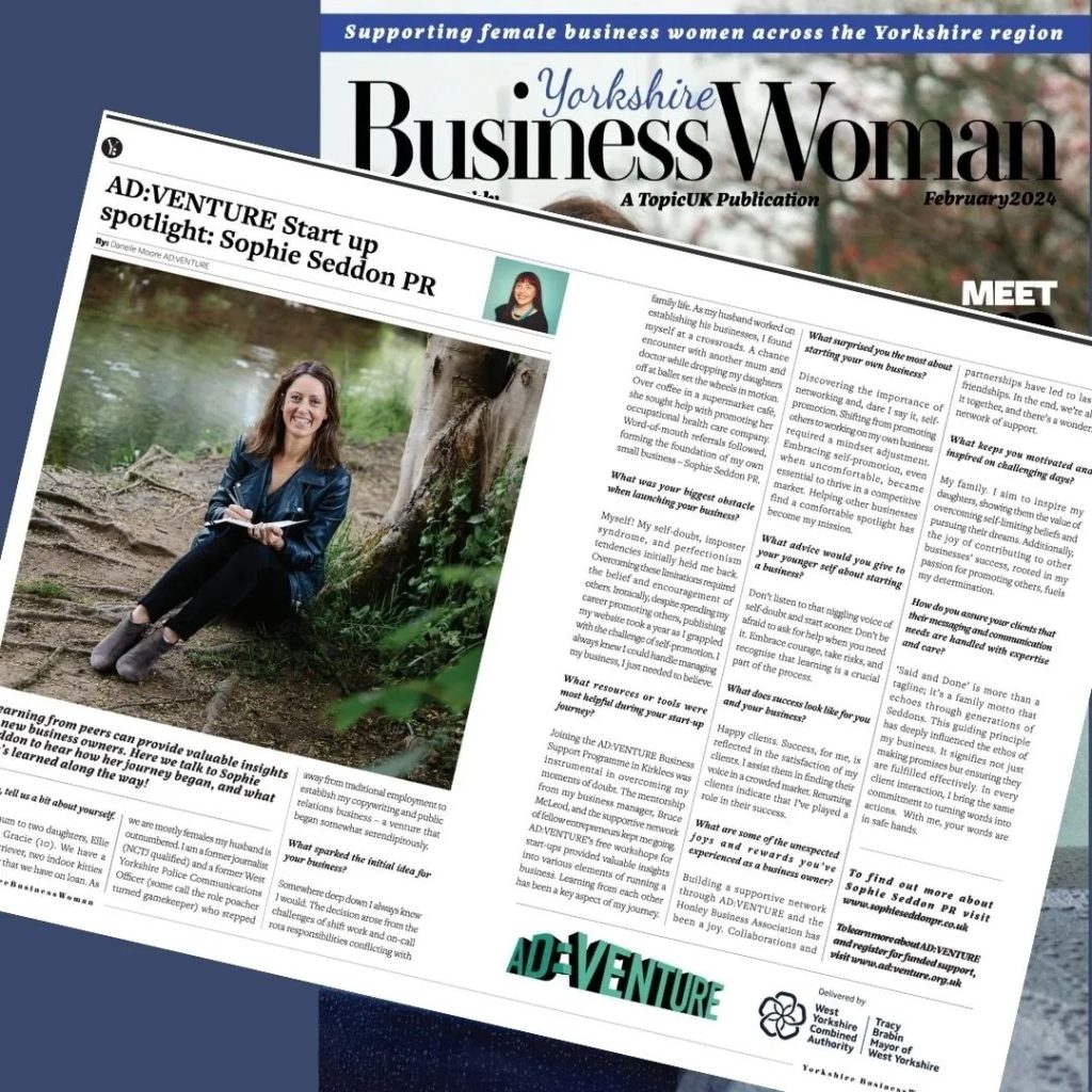 Sophie, of Sophie Seddon PR's feature in the Yorkshire Business Woman February 2024 magazine edition.