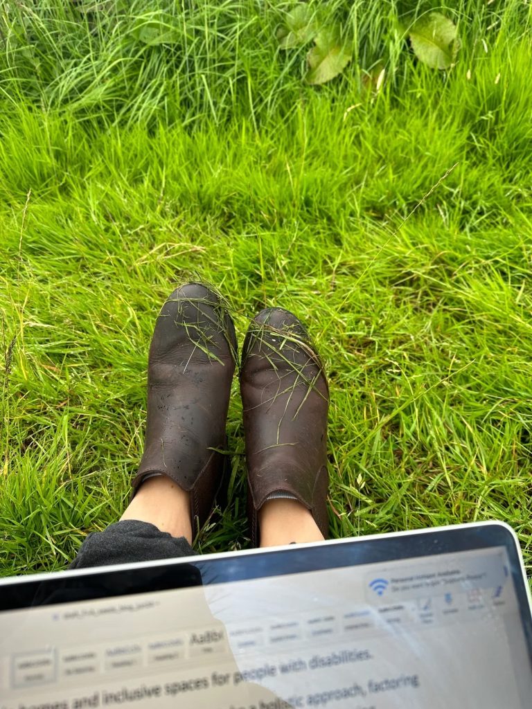 Sophie, of Sophie Seddon PR's muddy boots peeking out behind her laptop as she juggles work with school holidays and a pony loan.