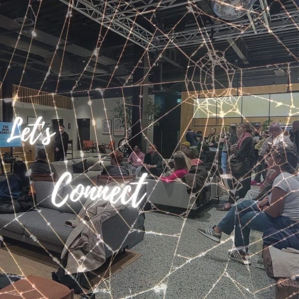 People at a networking event attended by Sophie of Sophie Seddon PR, with a graphic of a cobweb going over the image.