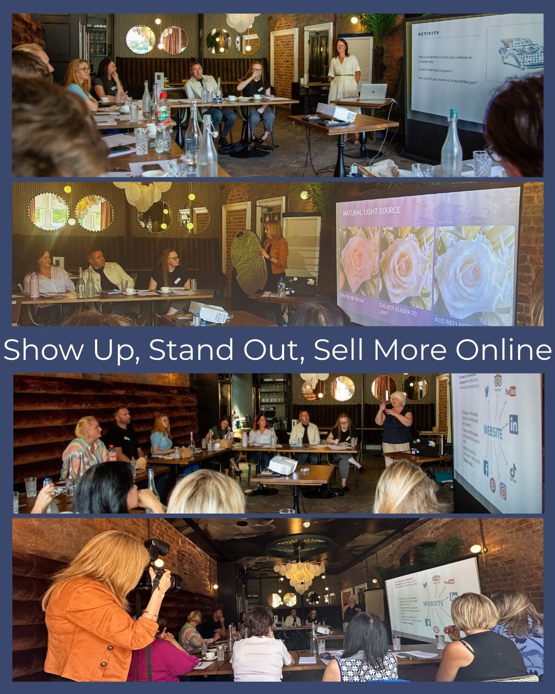 Photo collage showing Sophie Seddon (Sophie Seddon PR), Perrin Read (Roth Read Photography), and Janet Bebb (Social Progress) presenting a PR, photography and social media workshop at Manor House Lindley, in front of an engaged audience.