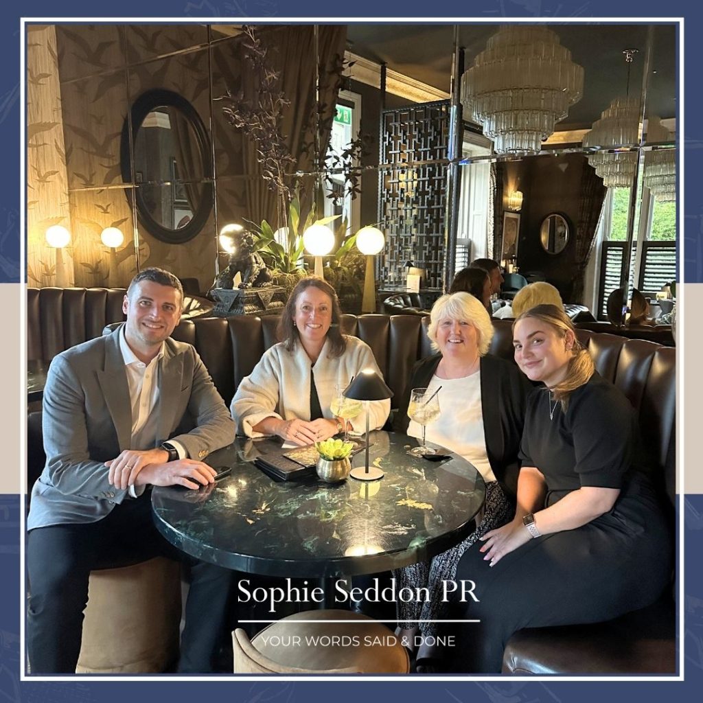 Sophie Seddon of Sophie Seddon PR, Janet Bebb of Social Progress, Mark Ayre and Mollie Cooper of Manor House Lindley are pictured in the bar, celebrating the refreshed Lantern Room and retaining 3 AA Rosettes.