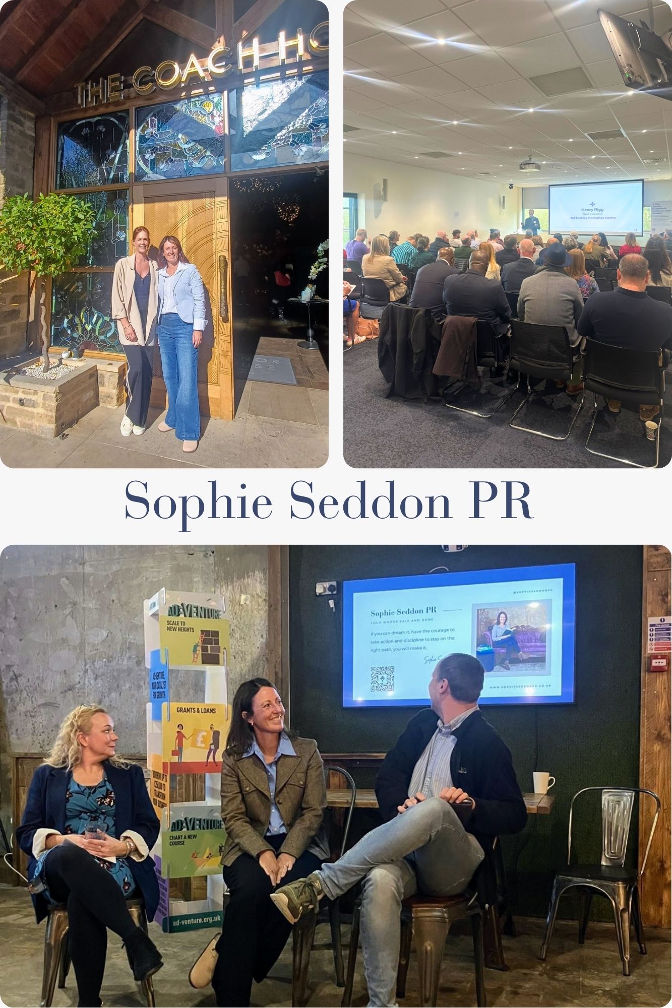 Sophie Seddon (Sophie Seddon PR) presenting at AD:VENTURE Cedar Court Huddersfield alongside Yvette Whitwam (Beanstalk HR) and James Fearnley (Hill Rise Architecture), HHII delegates with Katie Walden Illustration at 3M Buckley, Huddersfield, and FSB networking at Manor House Lindley with Cow Mad Designs.