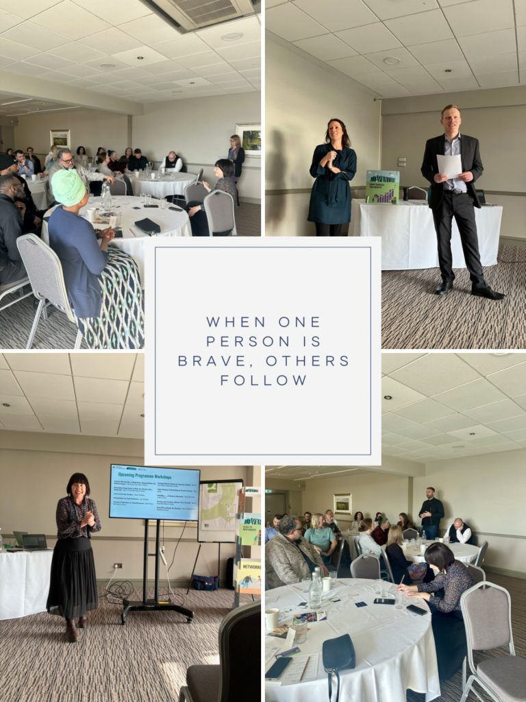 Business owners taking part in an interactive imposter syndrome workshop using bingo cards and giant Jenga at AD:VENTURE Peer Connect, Cedar Court Ainley Top. Gamification workshop led by Sophie Seddon of Sophie Seddon PR.