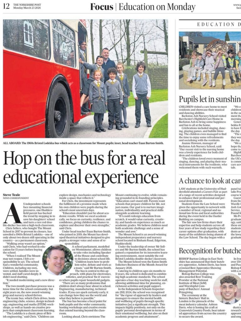 Double-decker bus transformed into classroom at The Mount School Huddersfield, scoops lead Education feature in the Yorkshire Post.