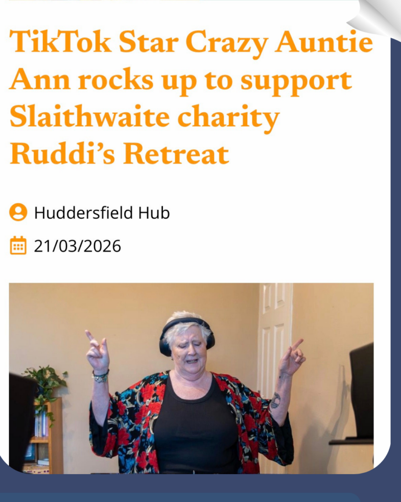 Screenshot of Huddersfield Hub news story about Ruddi’s Rockstars, a charity supporting families facing childhood cancer through respite holidays.