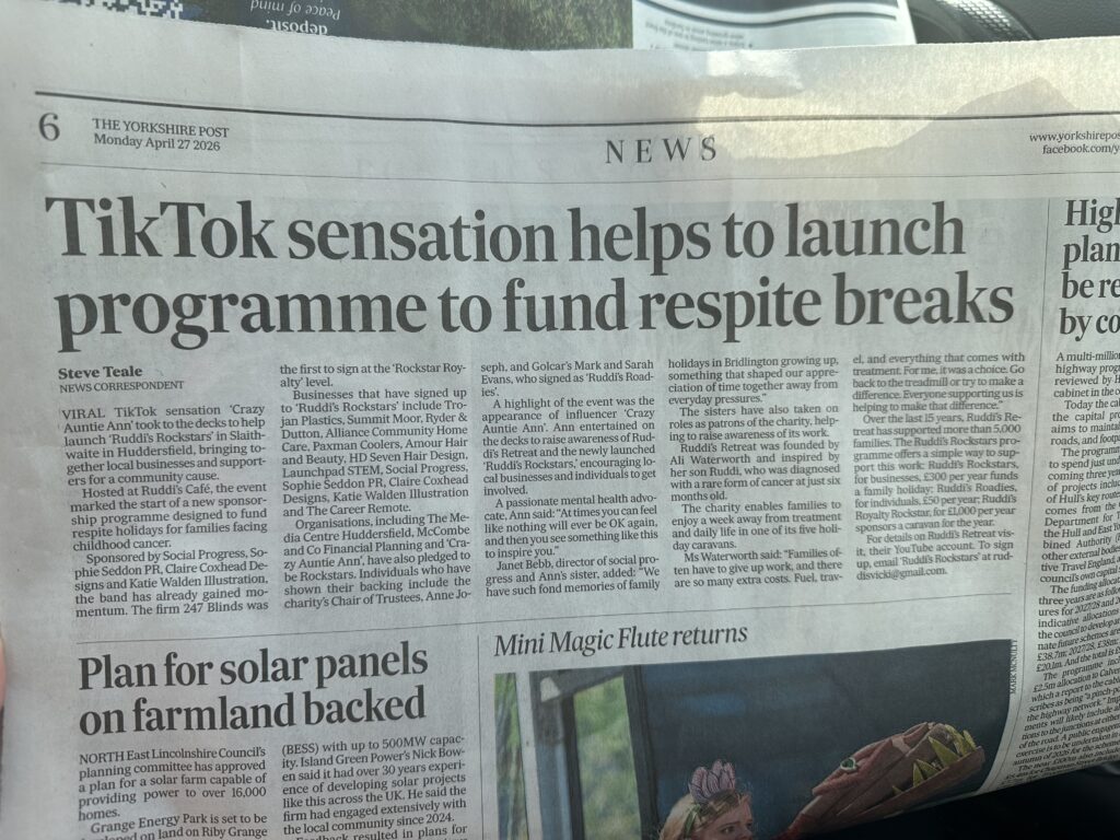 Screen grab of Ruddi's Rockstars feature in The Yorkshire Post, written by Sophie Seddon PR.