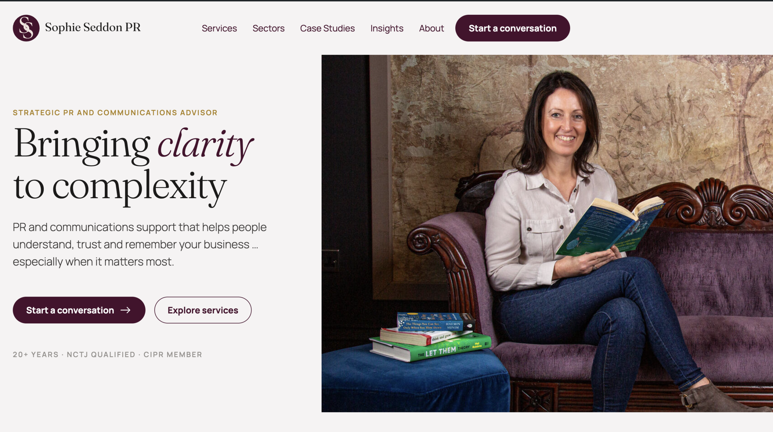 Homepage of the Sophie Seddon PR website, a PR and communications consultancy.